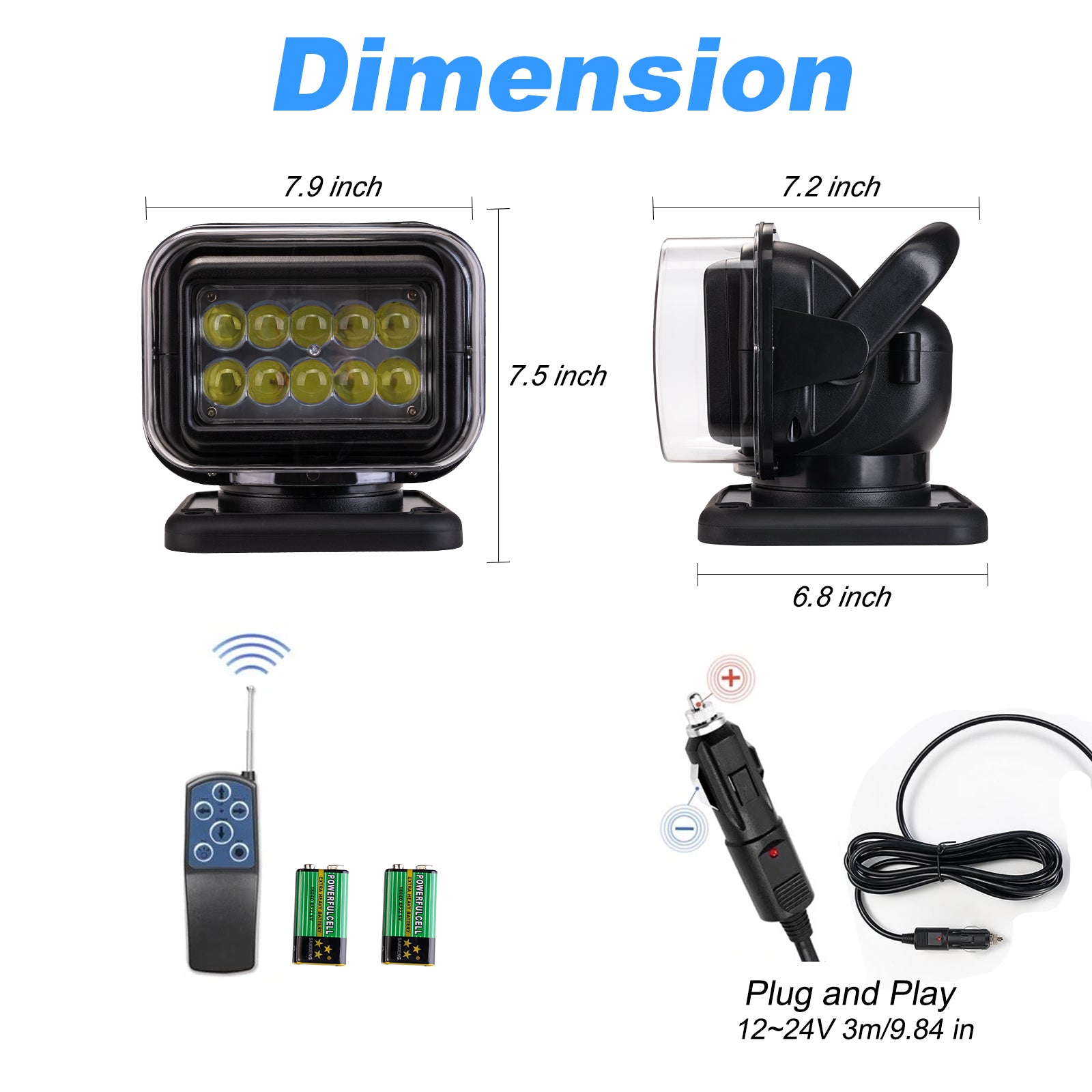 Niceky Remote Control Spotlight for Truck,LED Search Light Auto-Reset 360 Rotating Boat Spot Light for Hunting Marine Offroad Pickup SUV UTV Go Outdoor,6 Strong Magnets 50W 5000lm 12V 24V