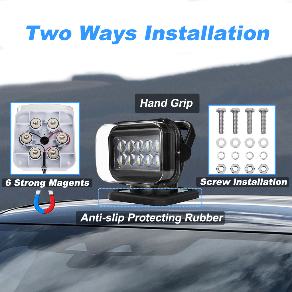 Niceky Remote Control Spotlight for Truck,LED Search Light Auto-Reset 360 Rotating Boat Spot Light for Hunting Marine Offroad Pickup SUV UTV Go Outdoor,6 Strong Magnets 50W 5000lm 12V 24V
